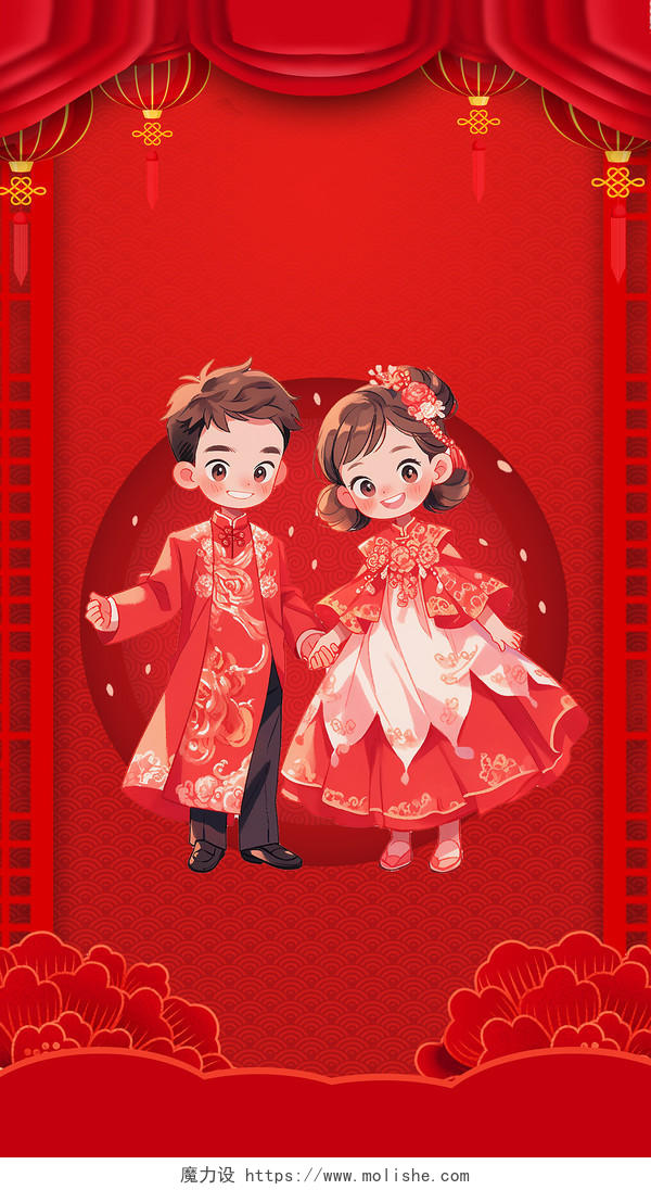红色创意卡通风格礼遇婚博会手机海报设计展板背景